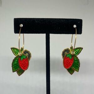 Vintage Edgar Berebi earrings VHTF STRAWBERRIES GoldTone Enamel Dangle Hoop EUC